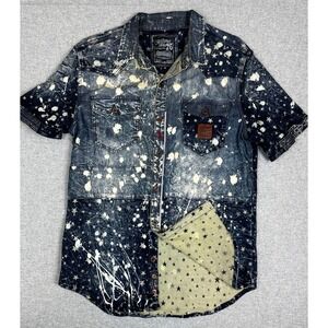 Men's Denim Short Sleeve Distressed Star Print Button-Down Shirt - Dark Blue